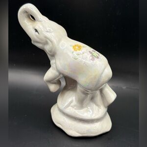 Vintage Iridescent Ceramic Elephant Figurine Floral Accent Trunk Up Good Luck